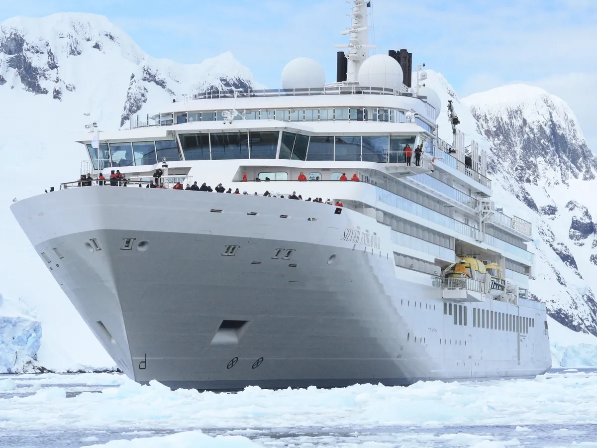 Silver Endeavour expedition ship navigating Antarctic ice