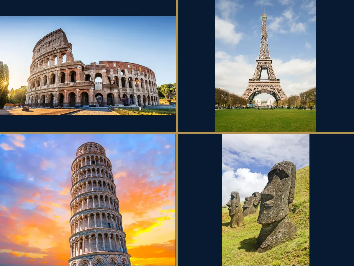 World travel composition featuring the Colosseum, Eiffel Tower, Leaning Tower of Pisa, and Moai statues
